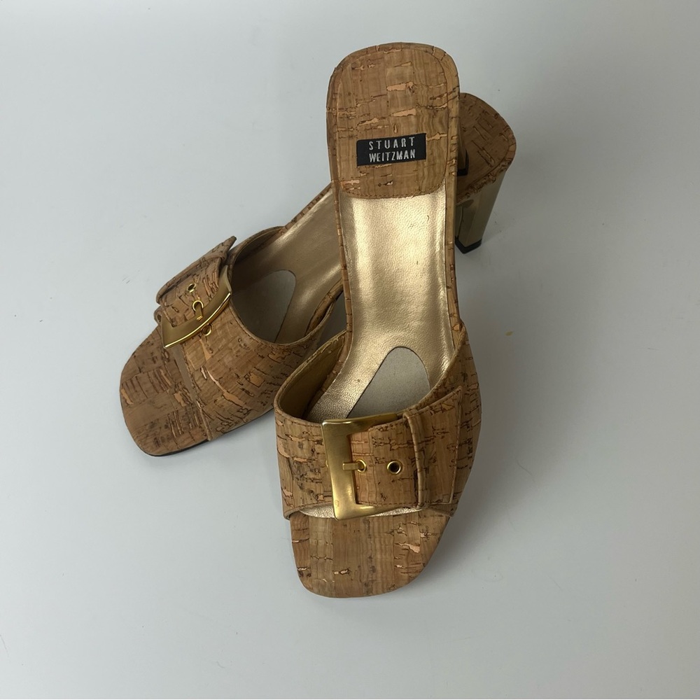 Stuart Weitzman Cork Open Toe Slide Mules Heel Sh… - image 8